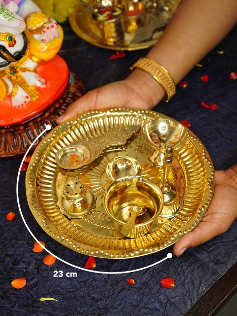 Ekhasa Gold Toned Textured 8 Pcs Brass Pooja Thali Set