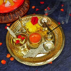 Ekhasa Gold Toned Textured 8 Pcs Brass Pooja Thali Set