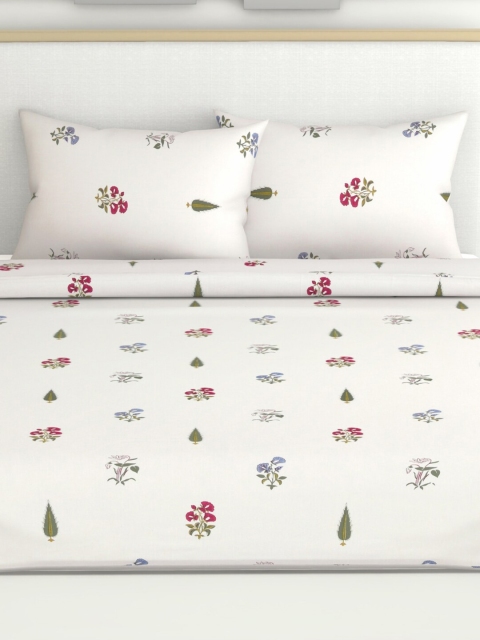 haus & kinder Floral Motifs White & Green 186 TC Cotton Queen Bedsheet & 2 Pillow Covers