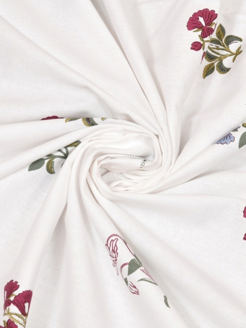 haus & kinder Floral Motifs White & Green 186 TC Cotton Queen Bedsheet & 2 Pillow Covers