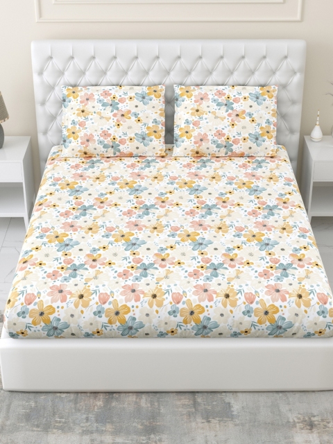 haus & kinder SS 25 White Printed Cotton 144 TC Fitted King Bedsheet Set 1.98 x 1.89 m