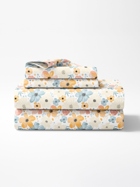 haus & kinder SS 25 White Printed Cotton 144 TC Fitted King Bedsheet Set 1.98 x 1.89 m