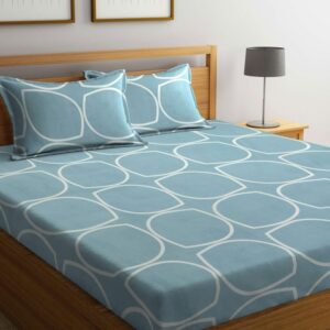 Home Sizzler Blue & White Geometric Cotton 210TC King 1 Bedsheet with 2 Pillow Covers