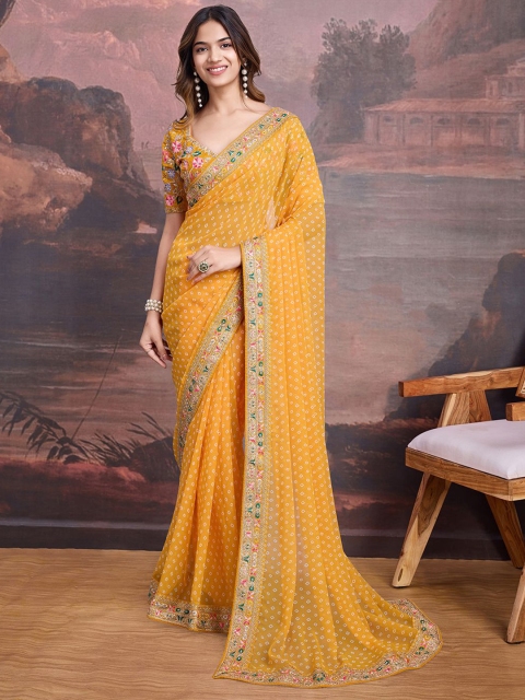 House of Pataudi Bandhani Design Embroidered Saree With Blouse Piece