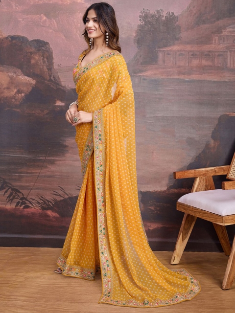 House of Pataudi Bandhani Design Embroidered Saree With Blouse Piece