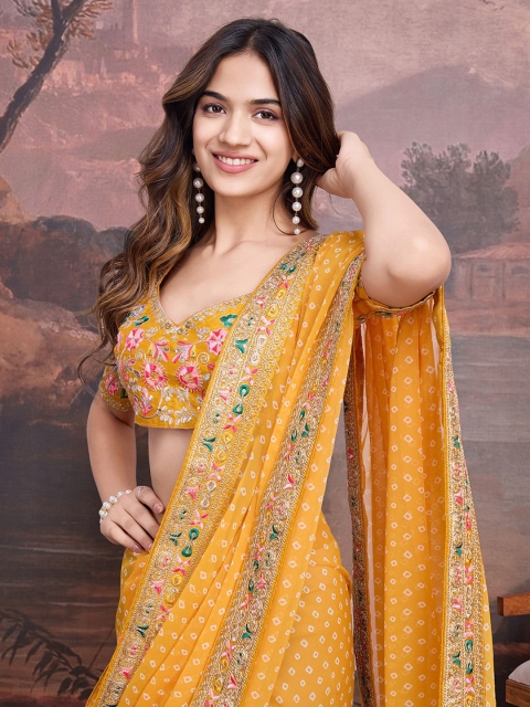 House of Pataudi Bandhani Design Embroidered Saree With Blouse Piece