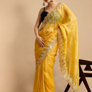 House of Pataudi Coding & Sequin Embroidered Saree With Blouse Piece