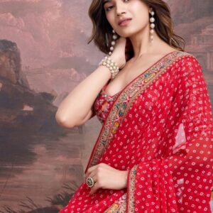 House of Pataudi Embroidered Bandhani Saree With Blouse Piece