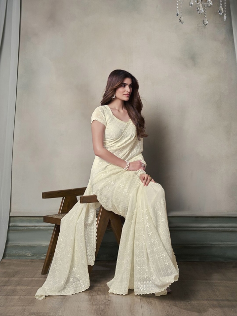 Inddus Floral Sequinned Poly Georgette Heavy Work Saree