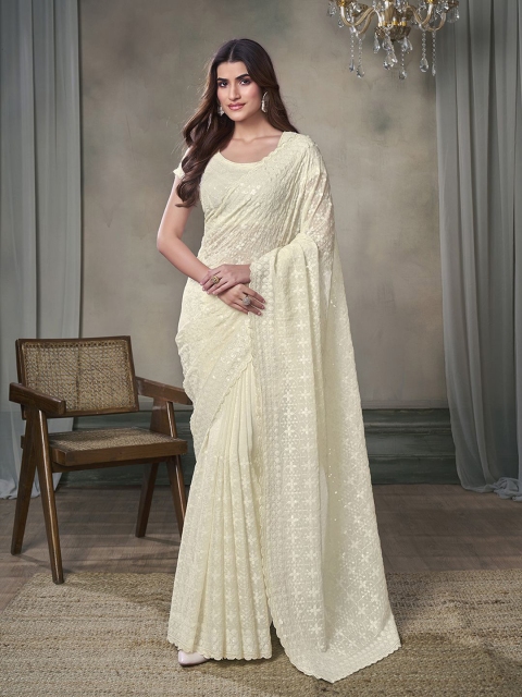 Inddus Floral Sequinned Poly Georgette Heavy Work Saree