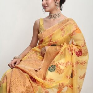 Janasya Women Yellow Linen Blend Floral Woven Design Jacquard Saree