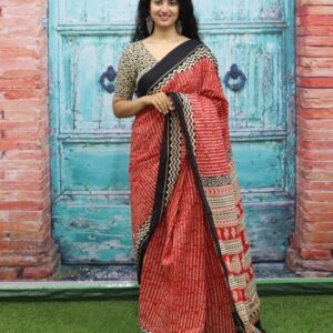 KIAARON Geometric Printed Pure Cotton Block Print Saree