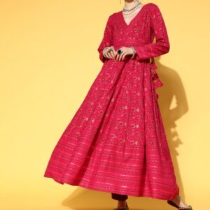 kipek Women Pink Floral Printed Anarkali Kurta
