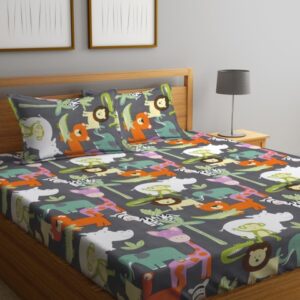 KLOTTHE Grey & Orange Cartoon Character Printed 300 TC King Bedsheet With 2 Pillow covers