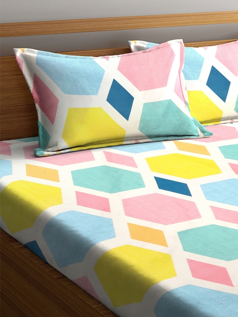 KLOTTHE Multicoloured Geometric 300 TC Fitted Double King Bedsheet with 2 Pillow Covers