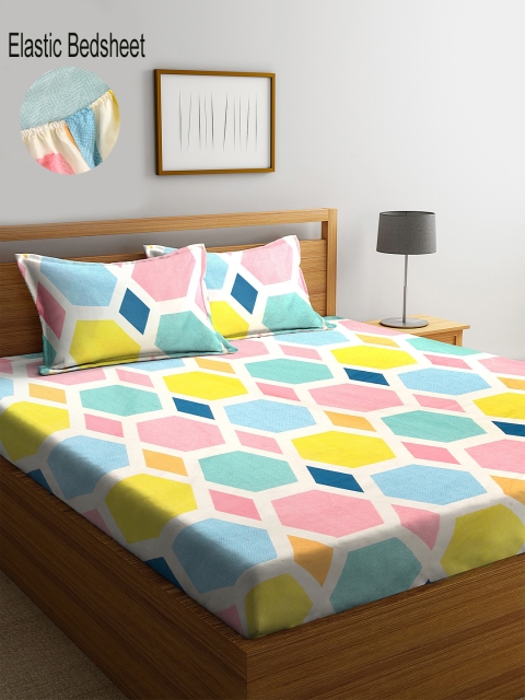 KLOTTHE Multicoloured Geometric 300 TC Fitted Double King Bedsheet with 2 Pillow Covers