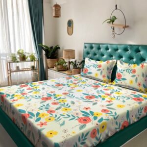KLOTTHE White & Grey Floral Print 300 TC Fitted Double King Bedsheet With 2 Pillow Covers