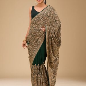 Koskii Paisley Embroidered Bottle Green Zariwork Georgette Saree