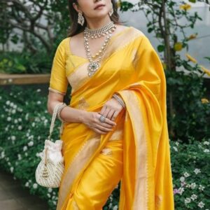 Kriyansh Yellow Woven Design Cotton Blend Barasi Sarees