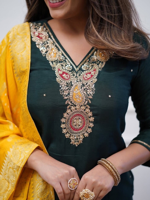 Mandara Floral Embroidered V-Neck Sequinned Straight Kurta With Trousers & Dupatta