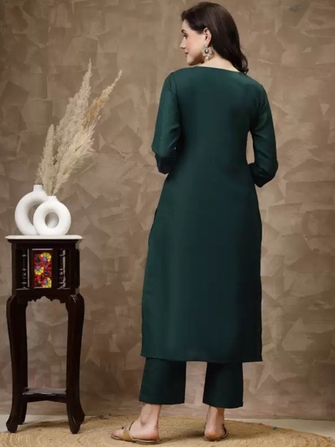 Mandara Floral Embroidered V-Neck Sequinned Straight Kurta With Trousers & Dupatta