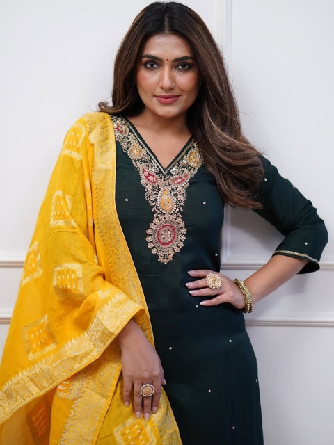 Mandara Floral Embroidered V-Neck Sequinned Straight Kurta With Trousers & Dupatta