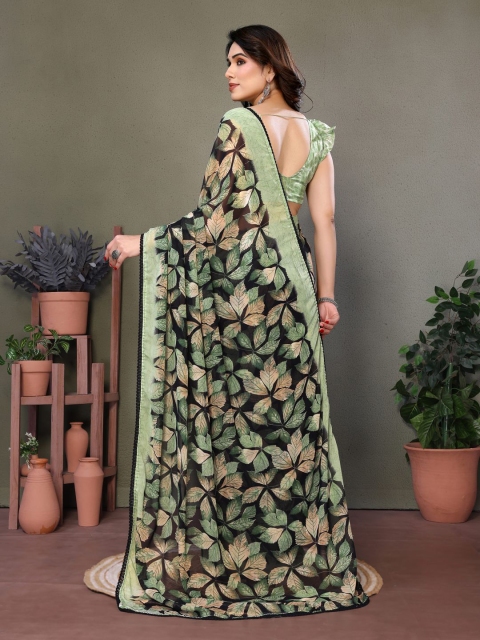 Mandara Floral Poly Chiffon Block Print Saree