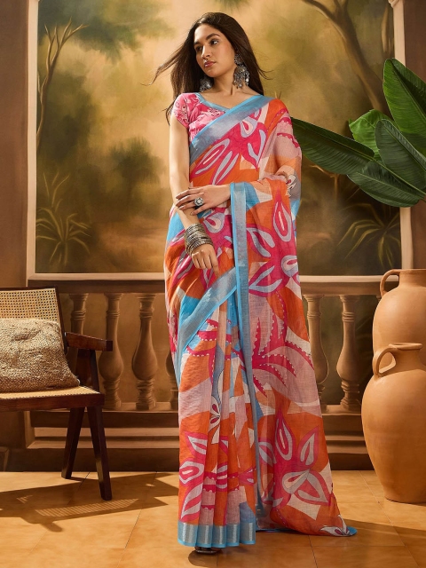 Mandara Floral Printed Banarasi Saree With Blouse Piece