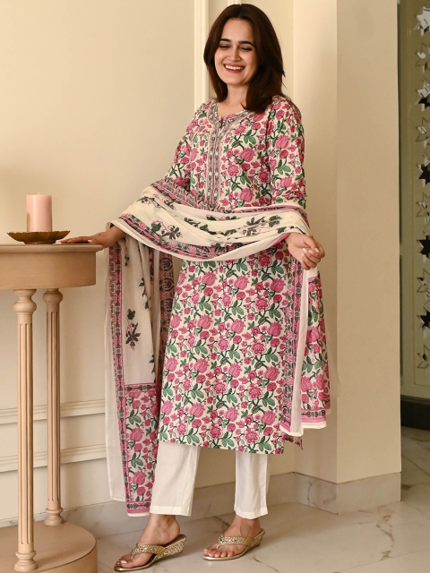 Mandara Floral Printed Beads And Stones Straight Kurta With Trousers & Dupatta
