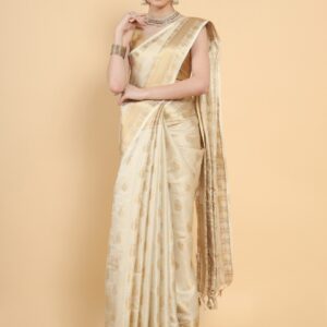 MIMOSA Women Cream-Coloured & Gold-Toned Paisley Zari Art Silk Kasavu Saree