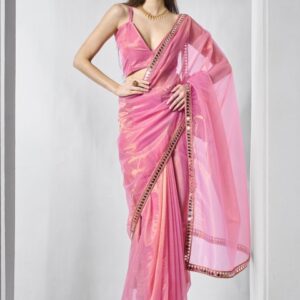 Mitera Beads and Stones Mirror Work Organza Saree