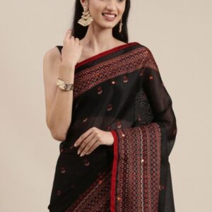 Mitera Black Ethnic Design Mirror Work Jute Silk Saree