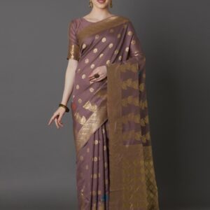 Mitera Brown & Gold-Toned Silk Blend Woven Design Kanjeevaram Saree