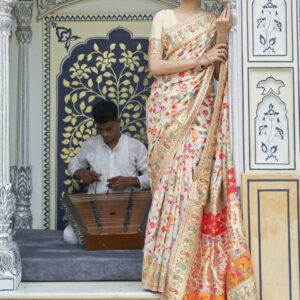 Mitera Cream-Coloured & Red Floral Silk Blend Saree