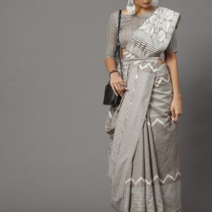 Mitera Grey & Off White Art Silk Bhagalpuri Saree
