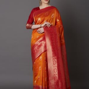 Mitera Orange Silk Blend Woven Design Kanjeevaram Saree