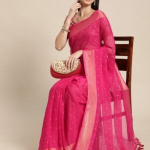 Mitera Pink & Gold-Toned Floral Zari Pure Chiffon Saree