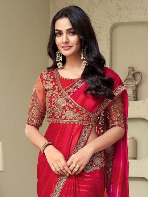 Mitera Pink & Gold-Toned Poly Georgette Saree with Jacket with Blouse