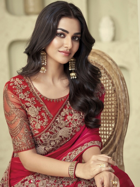 Mitera Pink & Gold-Toned Poly Georgette Saree with Jacket with Blouse