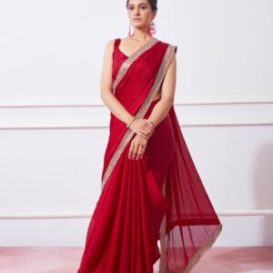 Mitera Red Embellished Beads & Stones Satin Saree