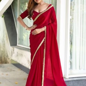 Mitera Satin Embellished Detail Saree with Blouse Piece