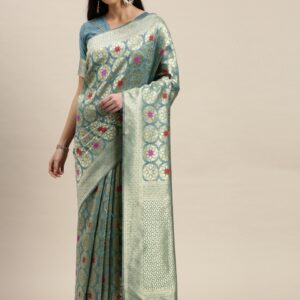 Mitera Teal Blue & Gold-Toned Silk Cotton Woven Design Maheshwari Saree