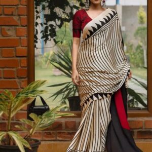 MySilkLove Pearl White and Black Ajrakh Printed Satin Saree
