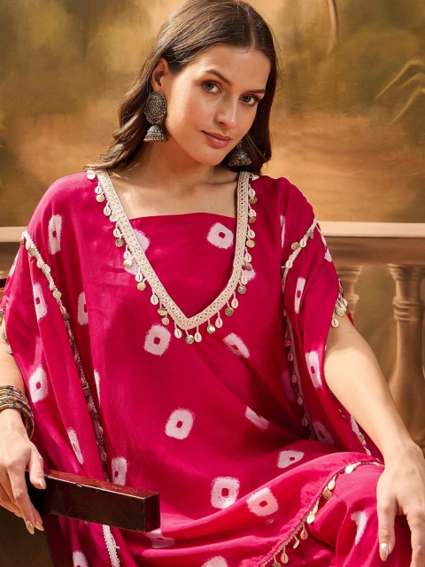 Sangria Bandhej Printed Kaftan & Tube Top With Sharara