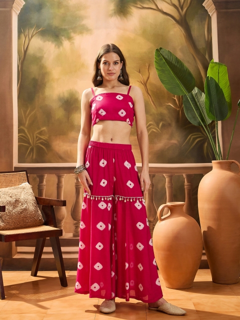 Sangria Bandhej Printed Kaftan & Tube Top With Sharara
