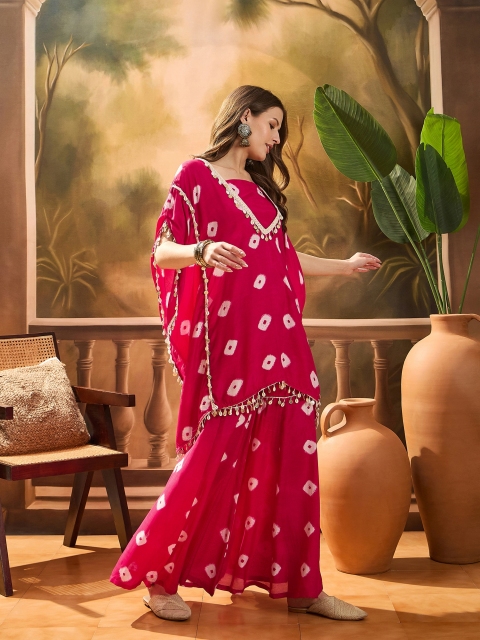 Sangria Bandhej Printed Kaftan & Tube Top With Sharara