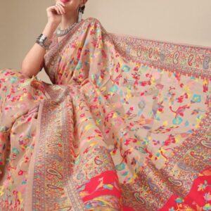 Sangria Beige & Orange Floral Woven Design Pure Silk Saree