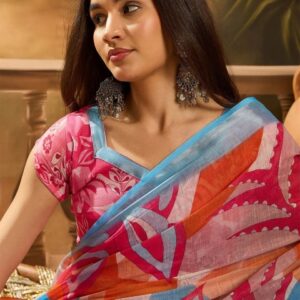 Sangria Floral Printed Banarasi Saree With Blouse Piece