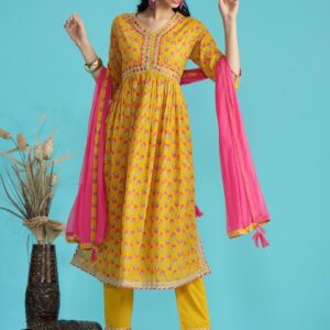 Sangria Floral Printed Mirror Work Pure Cotton A-Line Kurta With Trousers & Dupatta