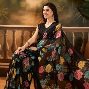 Sangria Floral Printed Saree With Unstitched Blouse